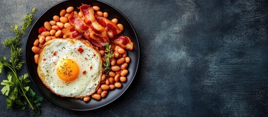Fototapete - English breakfast featuring fried eggs beans bacon and sausages Flat lay from above with copyspace