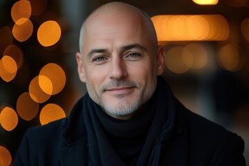 charismatic bald man in black jacket warm genuine smile studio lighting emphasizing facial features blurred abstract background professional portrait style