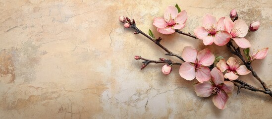 Aufkleber - Spring peach blossoms on an old antique vintage paper backdrop. with copy space image. Place for adding text or design
