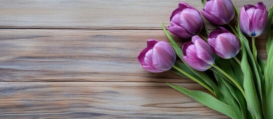 Aufkleber - Spring Flowers holiday Background Gift ideas for Easter or Mother s Day Purple tulips on a wooden table Copy space top view room for text