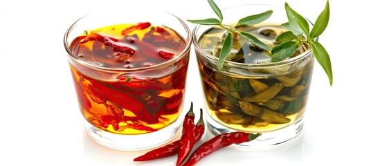Poster - Red and green fresh chili in fish sauce Nam Pla in a clear glass isolated on a white background with a clipping selection path Selective focus on the fish sauce and chili. with copy space image