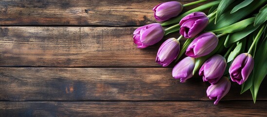 Aufkleber - Spring Flowers holiday Background Gift ideas for Easter or Mother s Day Purple tulips on a wooden table Copy space top view room for text