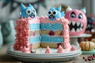 Wall Mural - Colorful monster-themed cake with blue and pink layers, decorated with playful monster figures 