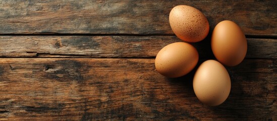 Aufkleber - Raw brown chicken eggs on a wooden table viewed from above Space for text. with copy space image. Place for adding text or design
