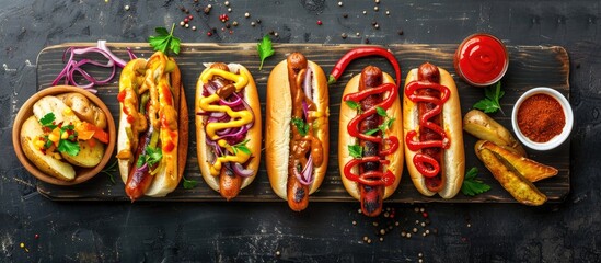 Wall Mural - Hot dogs topped with condiments and potato wedges Corner border overhead view on a dark stone background with copyspace