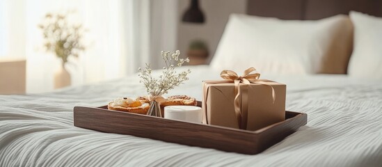 tray with breakfast and gift box on the bed. with copy space image. Place for adding text or design