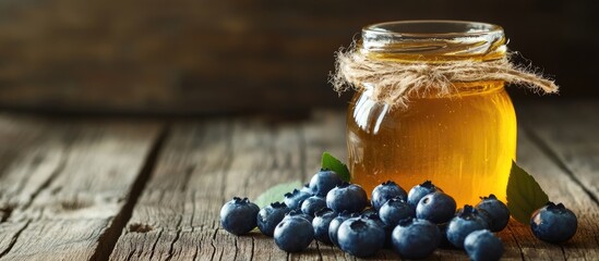 A jar of honey with blueberries on brown wood Cold remedy Nutritious fortified jam for health and beauty Creamy honey Organic product for a vegetarian diet Copyspace Area for text