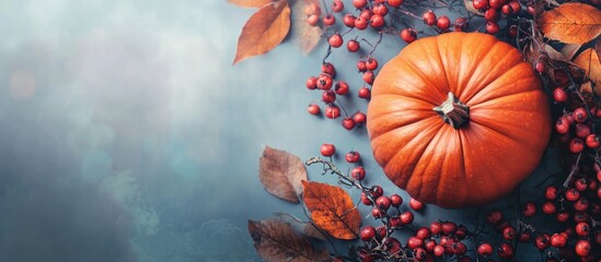 Fototapete - Seasonal natural autumn backdrop with copy space featuring a pumpkin and berries Suitable for Halloween or Thanksgiving flat lay