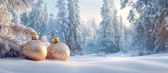 Fototapete - Beautiful Christmas ornaments set against a snowy forest designed for a banner Space for text. with copy space image. Place for adding text or design