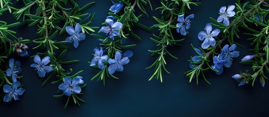 Canvas Print - Sprig of rosemary with blue flowers flourishing in a garden illuminated by sunlight against a dark backdrop. with copy space image. Place for adding text or design