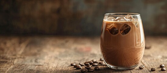 Poster - Iced mocha coffee in a double walled glass resting on a wooden table. with copy space image. Place for adding text or design