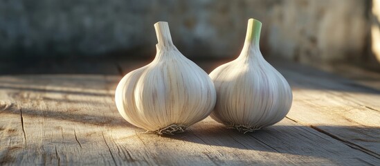 Aufkleber - Close up of two garlic bulbs on a wooden surface. with copy space image. Place for adding text or design