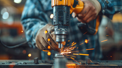 Leinwandbilder - A close-up shot of a construction worker hand expertly using a power drill. Generative AI.
