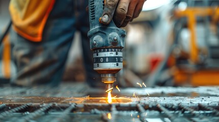 Leinwandbilder - A close-up shot of a construction worker hand expertly using a power drill. Generative AI.
