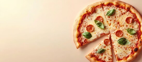 Poster - Pizza margherita Traditional Italian cuisine Italian pizza margarita Picking up a slice of pizza Tasty meal concept Top view flat lay copy space banner