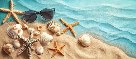 Poster - Summer backdrop featuring sea sand adorned with seashells starfish and sunglasses Concept of summer vacation. with copy space image. Place for adding text or design
