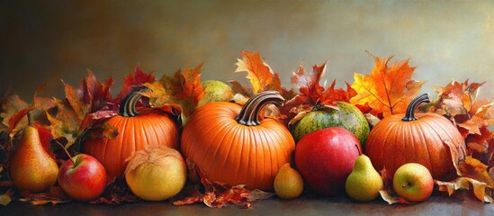 Fototapete - Autumn still life featuring pumpkins apples pears and vibrant leaves Includes space for your text. with copy space image. Place for adding text or design