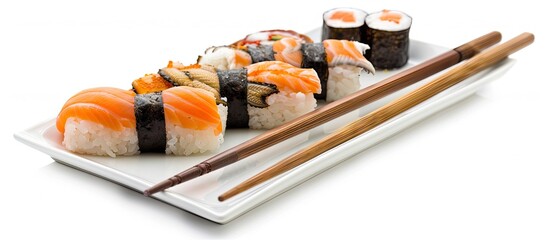 Sushi Japanese restaurant delivery A set of unagi eel rolls isolated on a white background in closeup copy space Healthy seafood cutout for menu