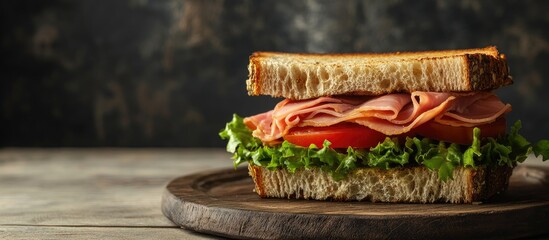 Leinwandbilder - A ham tomato and lettuce sandwich on a slab plate against a rustic backdrop. with copy space image. Place for adding text or design