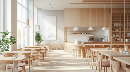 Aufkleber - A spacious coffee shop features wooden tables and chairs, large windows allowing sunlight, and a minimalist design, creating a warm, inviting atmosphere for customers.