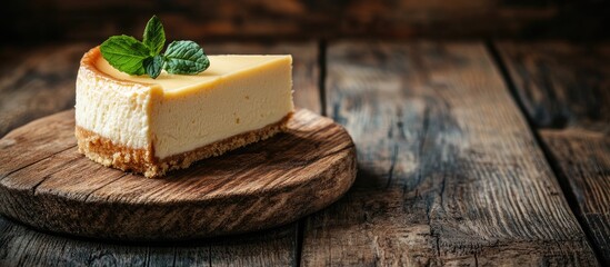 Poster - homemade cheesecake on an old wooden table. with copy space image. Place for adding text or design