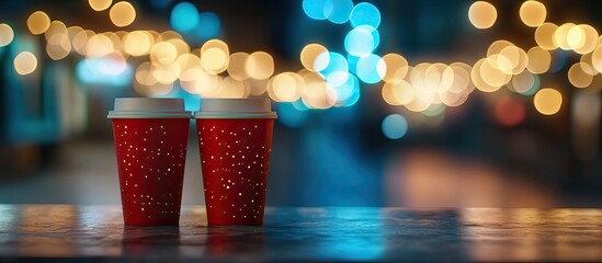 Wall Mural - Two drink cups at night with beautiful bokeh representing the concept of Valentine s Day. with copy space image. Place for adding text or design