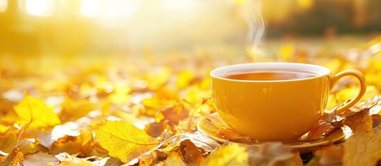 Poster - Yellow leaves beside a cup of autumn tea Selective focus Nature. with copy space image. Place for adding text or design