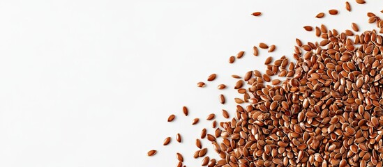Poster - Flax seeds on sipano at the edge of the frame against a white background with copyspace