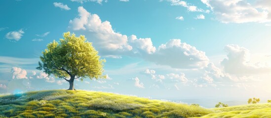 Wall Mural - single tree under a blue sky in a sunny panoramic landscape background with copy space