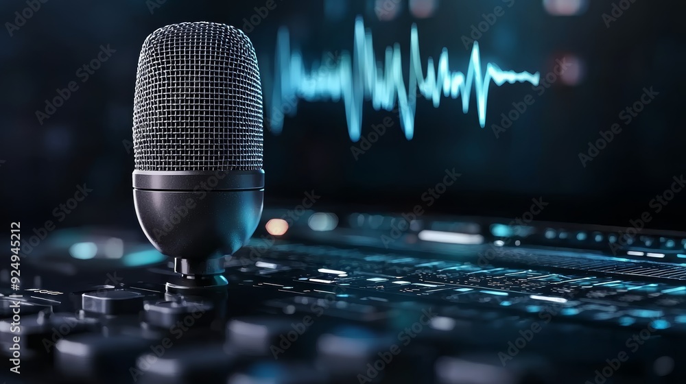 A close-up of a microphone on a sound mixing console with audio ...