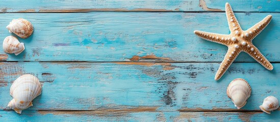 Poster - Starfish and shells on blue wooden boards of a pier with seawater Vacation travel beach Banner Copy space