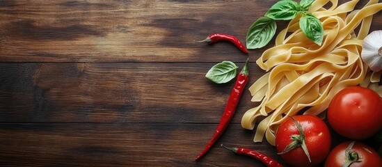 Aufkleber - fresh tomato uncooked pasta basil red chili garlic onion sweet green pepper on a brown wooden surface from above. with copy space image. Place for adding text or design