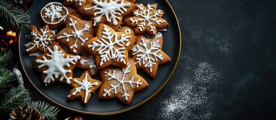 Poster - Decorated Christmas cookies with icing and powdered sugar on a plate Dark backdrop top view vertical image. with copy space image. Place for adding text or design