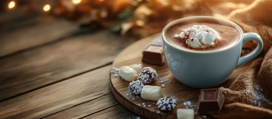 Poster - Good morning with hot chocolate on a wooden table. with copy space image. Place for adding text or design