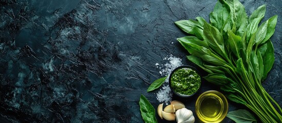 Fototapete - Ingredients for pesto a bunch of ramson olive oil parmesan cheese garlic salt and pepper arranged over a black textured background with copyspace Top view