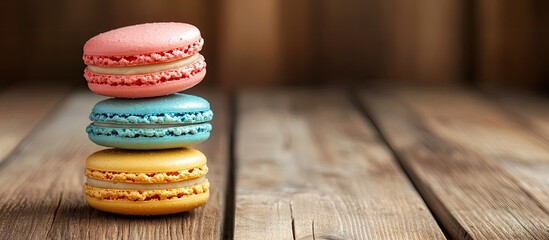 Poster - Colorful French or Italian macarons on a wooden table with copy space for a background Macarons or macaroons are a French dessert