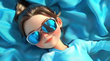 Wall Mural - 3D cartoon of a young teenage girl wearing sunglasses lounging on a blue fabric backdrop