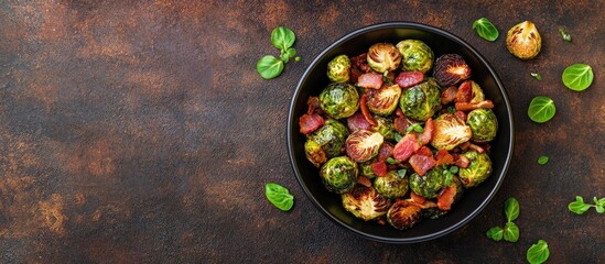 Aufkleber - Tasty roasted Brussels sprouts and bacon in a bowl on a brown table top view Copyspace available