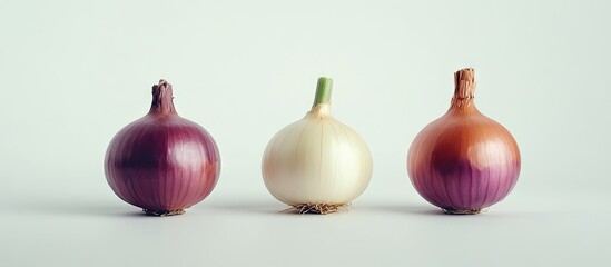 Leinwandbilder - Three onions set against a white background. with copy space image. Place for adding text or design
