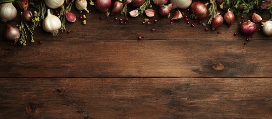 Aufkleber - Garlic and onions on a wood backdrop. with copy space image. Place for adding text or design