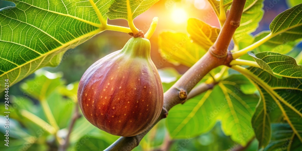 Ripe fig fruit hangs from branches of a lush, green-leafed tree, its ...