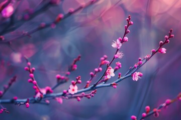 Wall Mural - Delicate pink flowers blooming on a branch, adding a touch of color to the landscape