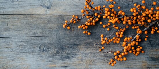 Leinwandbilder - Flat lay featuring an autumn arrangement of common sea buckthorn and briar branches on a wooden surface. with copy space image. Place for adding text or design