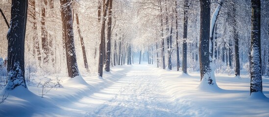 Poster - Winter forest with snow covering the trees and pathway copy space for text