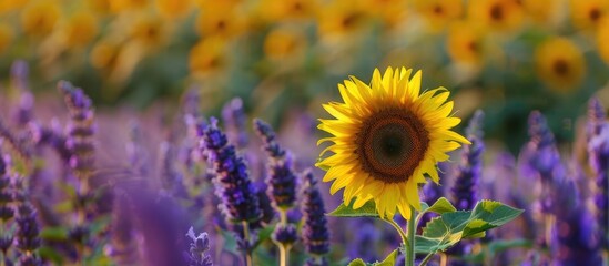 Aufkleber - Attractive sunflower and purple wild sage set against a white background. with copy space image. Place for adding text or design