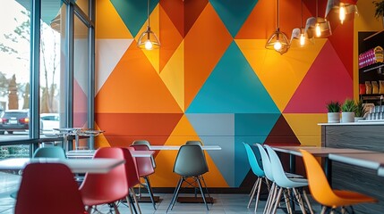 A stylish and modern interior design featuring a custom accent wall with vibrant colors and geometric patterns, adding a touch of uniqueness to a trendy cafe. Generative AI.