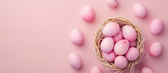 Aufkleber - Pink Easter eggs background Top view flat lay copyspace
