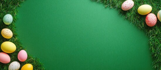 Poster - Top view of Easter decorations featuring eggs on grass with a green background. with copy space image. Place for adding text or design