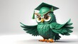 © Rindra - an owl with a green cap and a graduation cap.