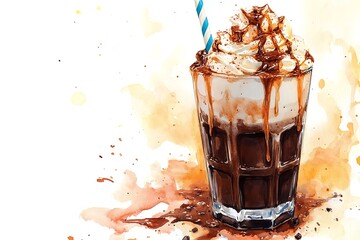 Poster - Watercolor Illustration of a Chocolate Milkshake with Whipped Cream and Caramel Drizzle.